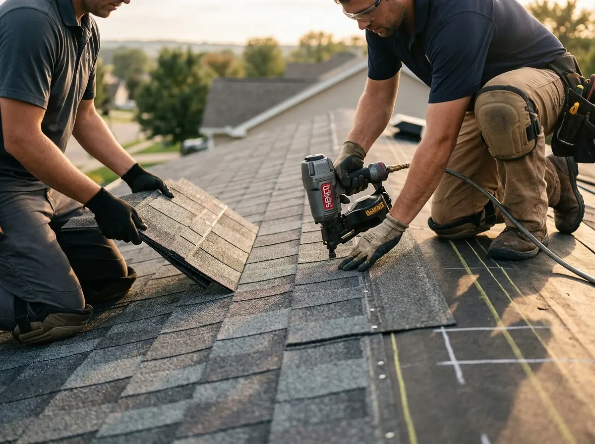 Professional roofer working on a residential roof in Weymouth Town